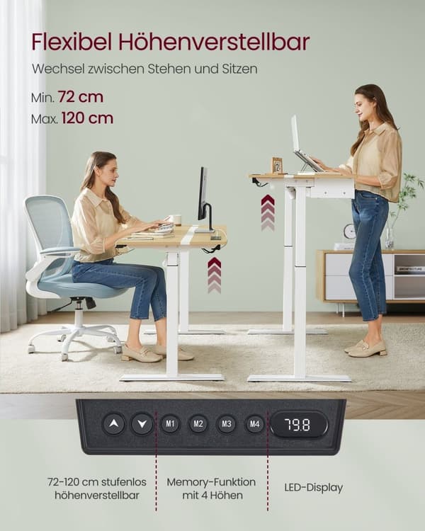 Rootz Elektrisk ståbord - Justerbart skrivebord - Sit Stand-skrivebord - Spånpladestål - 60cm x 140cm x (72-120)cm - Golden Oak Cloud White - Stillegå