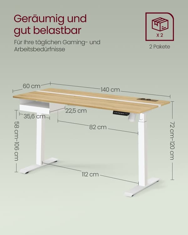 Rootz Elektrisk ståbord - Justerbart skrivebord - Sit Stand-skrivebord - Spånpladestål - 60cm x 140cm x (72-120)cm - Golden Oak Cloud White - Stillegå
