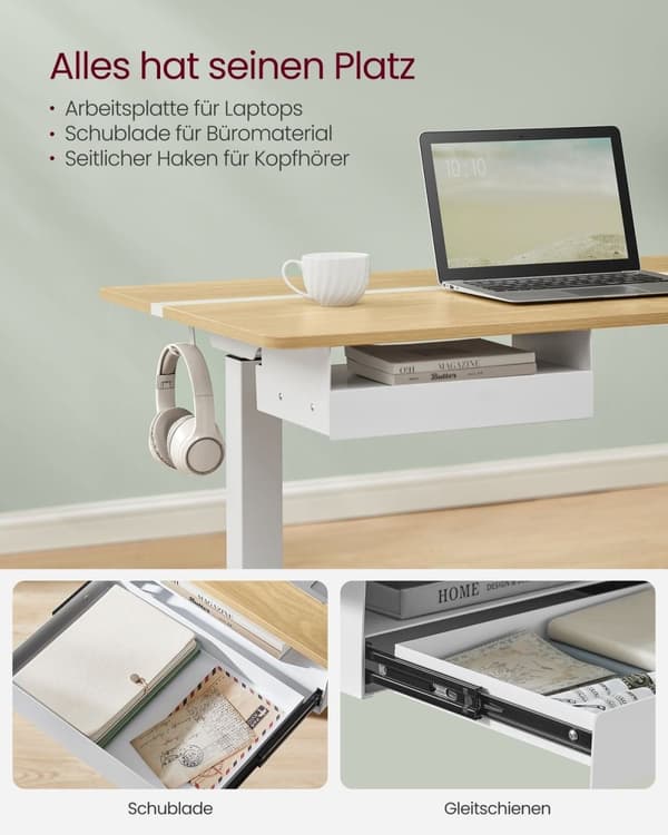 Rootz Elektrisk ståbord - Justerbart skrivebord - Sit Stand-skrivebord - Spånpladestål - 60cm x 140cm x (72-120)cm - Golden Oak Cloud White - Stillegå