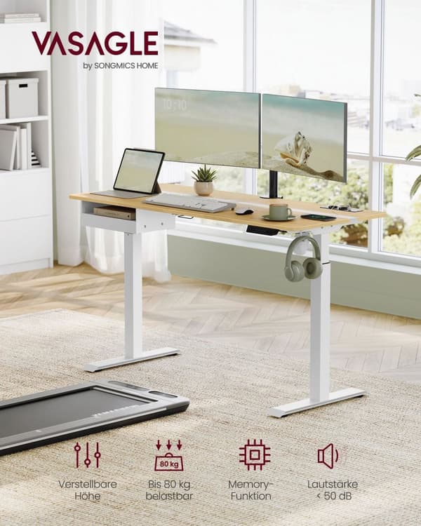 Rootz Elektrisk ståbord - Justerbart skrivebord - Sit Stand-skrivebord - Spånpladestål - 60cm x 140cm x (72-120)cm - Golden Oak Cloud White - Stillegå