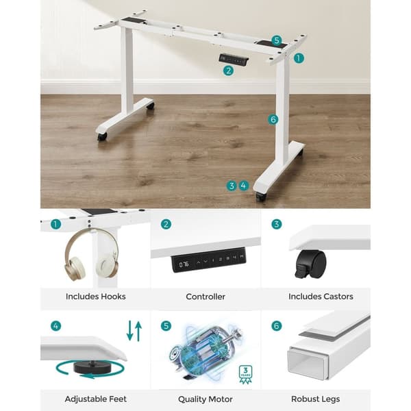 Rootz Electric Seisomapöytä - Valkoinen teräksinen seisomapöytä - Säädettävä korkeus pöytä - Hiljainen moottori - 60cm x (107,5-175)cm x (69-115)cm -