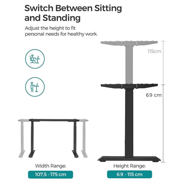 Rootz Elektrisk Højdejusterbar Bordstativ - Stående Skrivebord - Sit Stand Skrivebord - Stålkonstruktion - Rygsøjleaflastning - Kalorieforbrænding - H