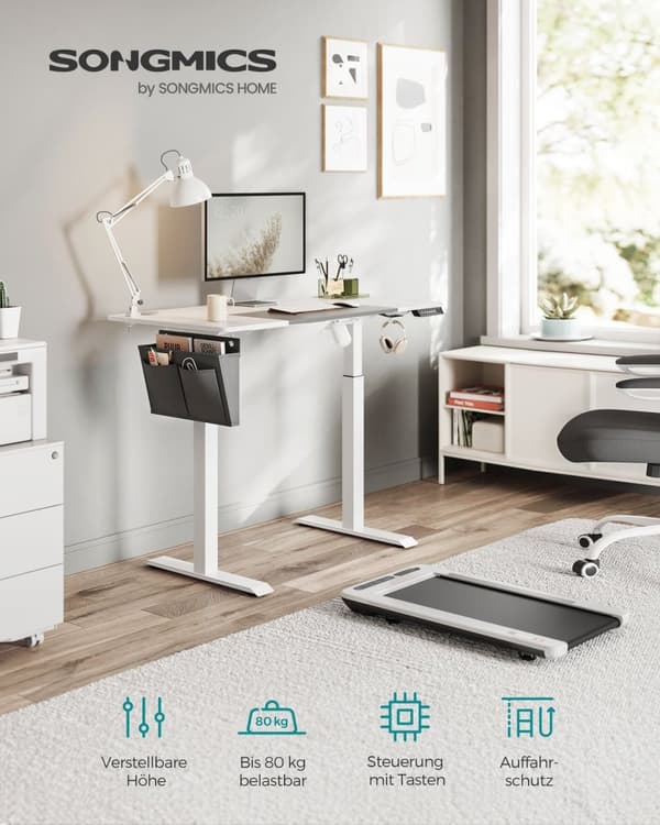 Rootz elektrisk stående skrivebord - Justerbart skrivebord - Sit Stand Skrivebord - Spånplade stålramme - 60cm x 120cm x (72-120)cm - White-Dove Grå -