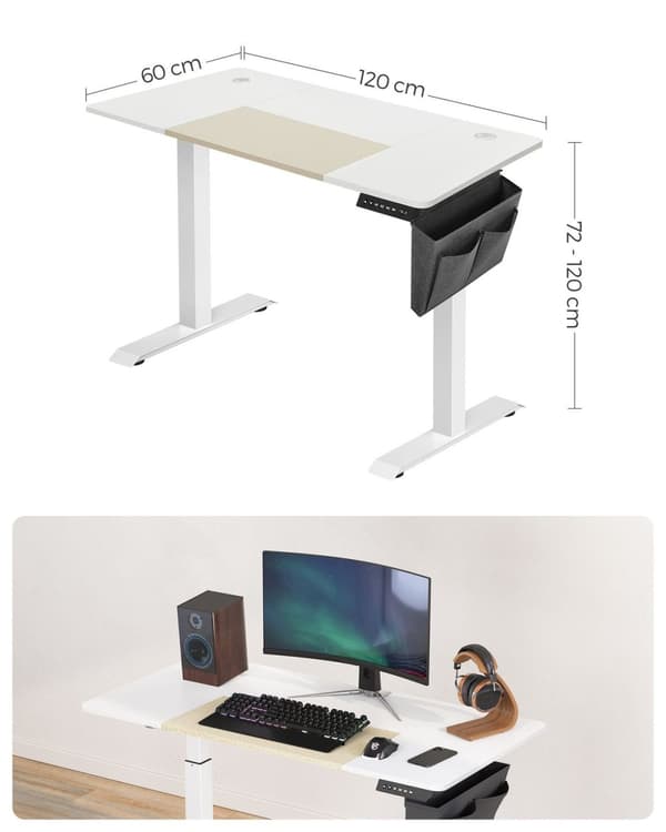 Rootz Electric Seisomapöytä - Valkoinen seisomapöytä - Säädettävä korkeus pöytä - Lastulevyä teräspöytä - 60cm x 120cm x (72-120)cm - Maksimikuormitus