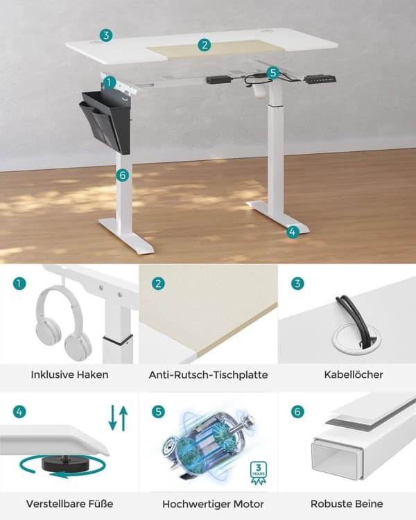 Rootz Electric Seisomapöytä - Valkoinen seisomapöytä - Säädettävä korkeus pöytä - Lastulevyä teräspöytä - 60cm x 120cm x (72-120)cm - Maksimikuormitus
