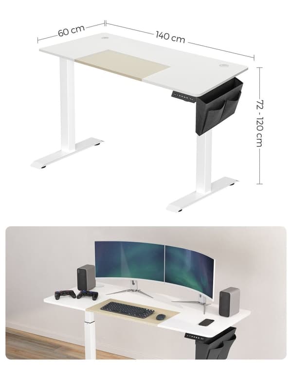 Rootz Electric Seisomapöytä - Valkoinen seisomapöytä - Säädettävä työpöytä - Lastulevyteräspöytä - 60cm x 140cm x (72-120)cm - Ylikuumenemissuoja - Ma
