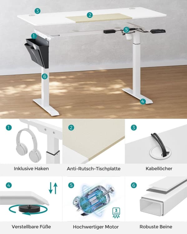 Rootz Electric Seisomapöytä - Valkoinen seisomapöytä - Säädettävä työpöytä - Lastulevyteräspöytä - 60cm x 140cm x (72-120)cm - Ylikuumenemissuoja - Ma