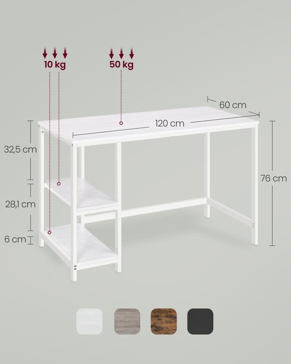 Rootz Maple White Skrivbord - Skrivbord - Arbetsbord - Spån- och stålkonstruktion - Rymlig arbetsyta - Enkel montering - 60cm x 120cm x 76cm