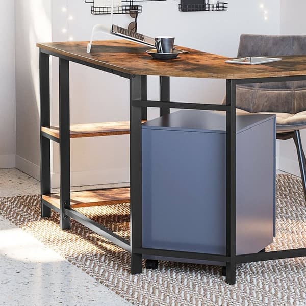 Rootz Industrial Computer Desk - Vintage toimistopöytä - L-muotoinen pöytä - Musta metallirunko - Tilaa säästävä - Säädettävät jalat - Runsaasti säily