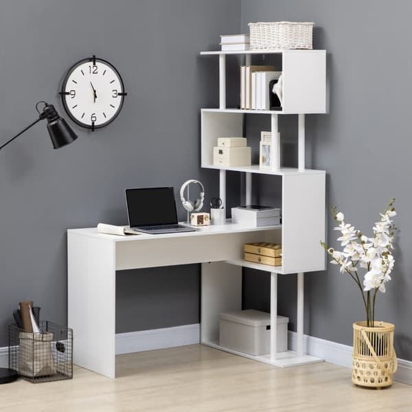 Rootz spillebord med 4 hylder - Hjørneskrivebord - Computerbord - Rummelig arbejdsflade - Rigelig opbevaring - Pladsbesparende design - 120 cm x 80 cm