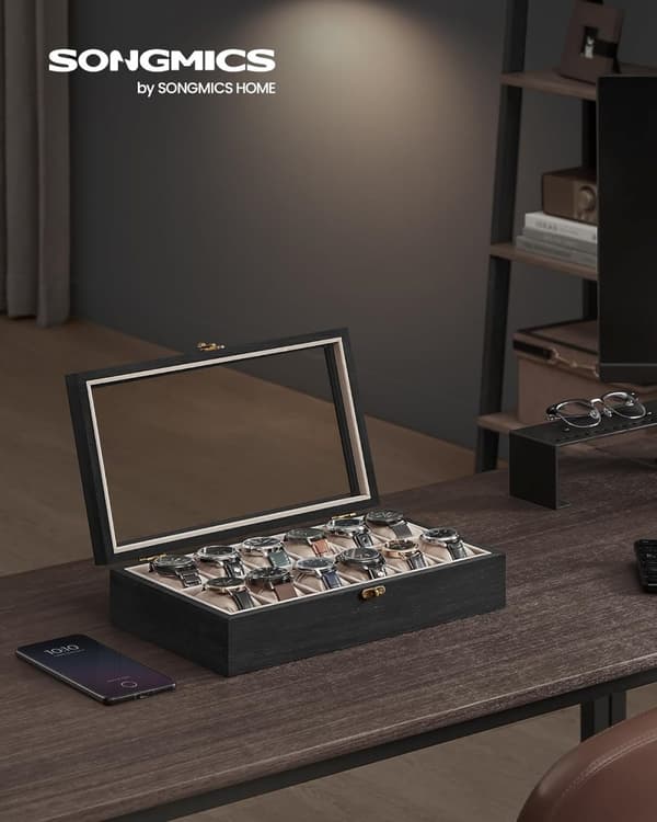 Watchbox - Watch Box - 12 fack - glaslock - trä - svart
