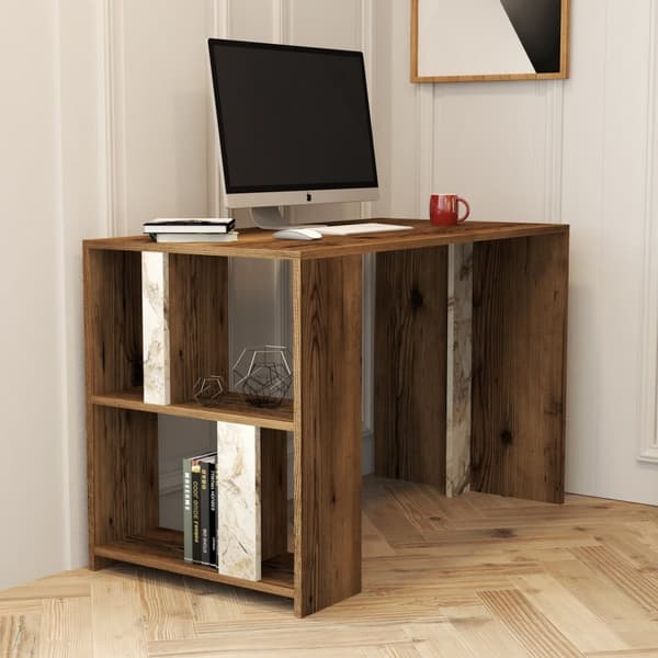 Chic Home Linette työpöytä hyllyköllä 120x60xK75 cm marmori, tummanruskea/valkoinen