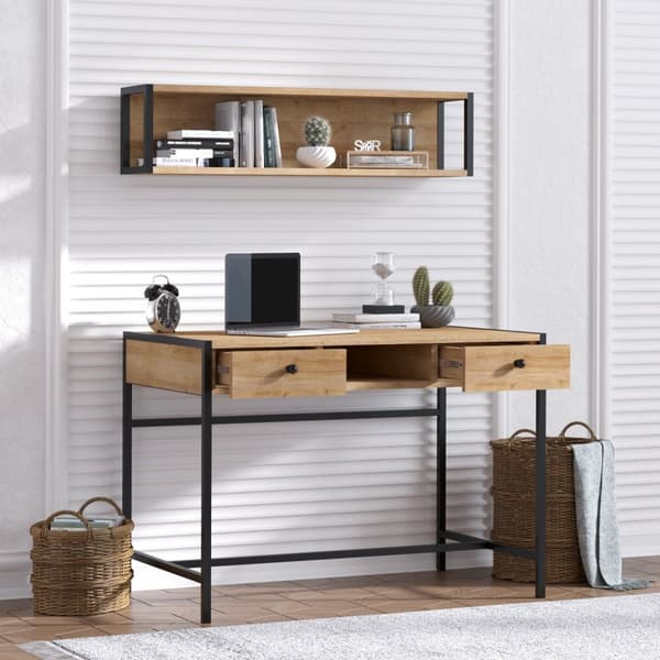 Chic Home Penla työpöytä laatikoilla 100x60xK72 cm + seinähylly, vaaleanbeige/musta