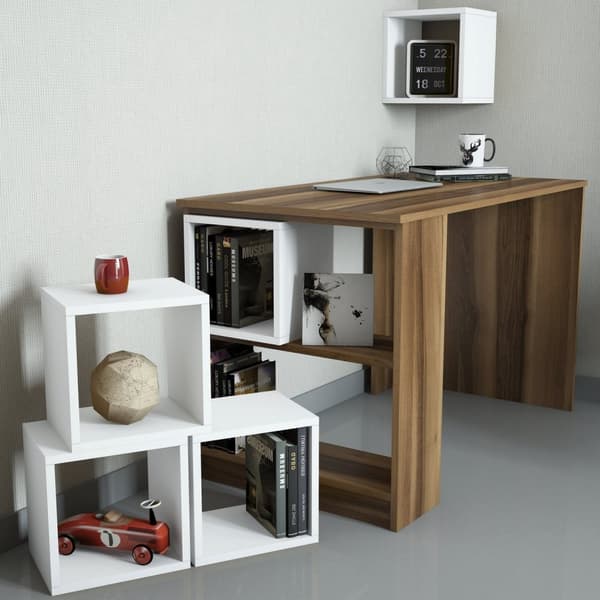 Chic Home Peppi työpöytä 120x65xK75 cm + seinähyllyt 5 kpl, tummanruskea/valkoinen