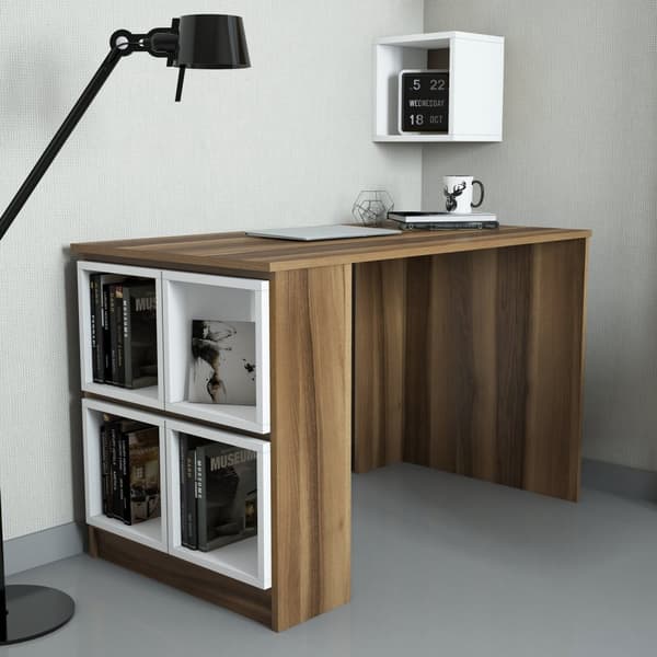 Chic Home Peppi työpöytä 120x65xK75 cm + seinähyllyt 5 kpl, tummanruskea/valkoinen