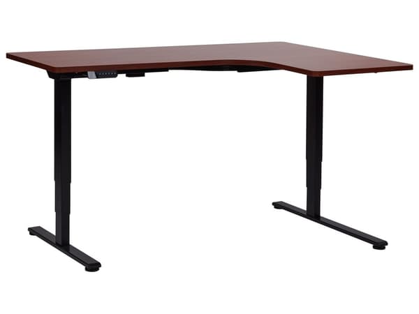Työpöytä sähkösäädettävä L-muotoinen oikea 160 x 59 cm musta teräsrunko tumma puu pöytälevy moderni tyyli