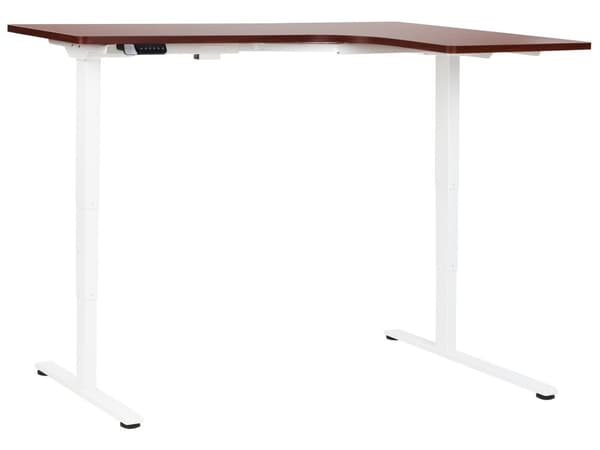 Työpöytä sähkösäädettävä L-muotoinen oikea 160 x 59 cm valkoinen teräsrunko tumma puu pöytälevy moderni tyyli