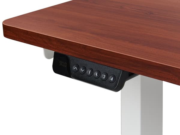 Työpöytä sähkösäädettävä L-muotoinen oikea 160 x 59 cm valkoinen teräsrunko tumma puu pöytälevy moderni tyyli