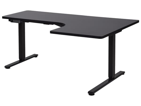 Työpöytä sähkösäädettävä L-muotoinen oikea 160 x 59 cm musta teräsrunko pöytälevy moderni tyyli