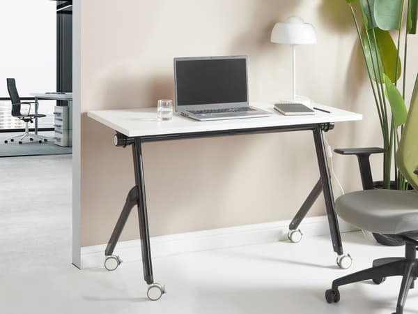 Kontorsbord Vit och Svart Metallram MFC Bordsskiva 120 x 60 cm Fällbart Portabelt Mobilt Skrivbord med Hjul Modern Design Kontor Arbetsrum