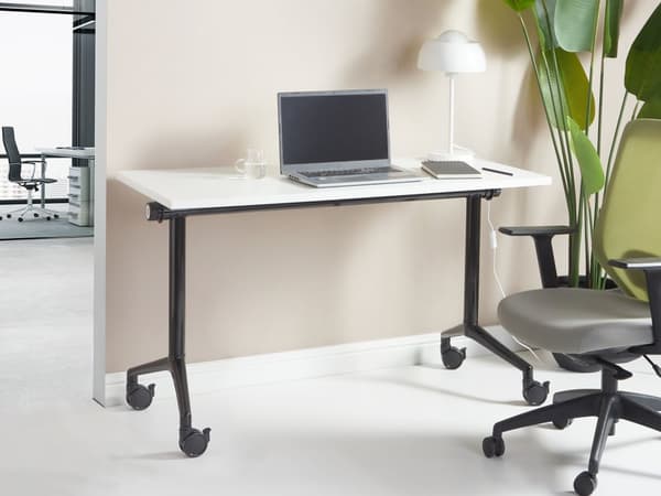 Sammenleggbart Skrivebord med Hvit og Svart Metallramme MFC Bordplate 120 x 60 cm Sammenleggbart Mobilt Bord med Hjul Moderne Design