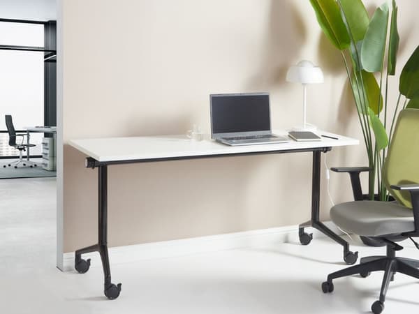 Sammenleggbart Skrivebord med Hvit og Svart Metallramme MFC Bordplate 160 x 60 cm Sammenleggbart Mobilt Bord med Hjul Moderne Design