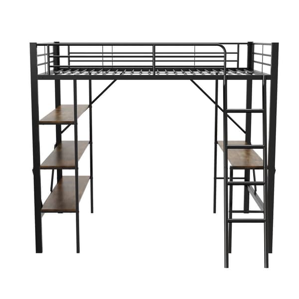 Mezzanine-rautasänky - 90x200cm - kirjoituspöydällä ja 3 hyllyllä - musta