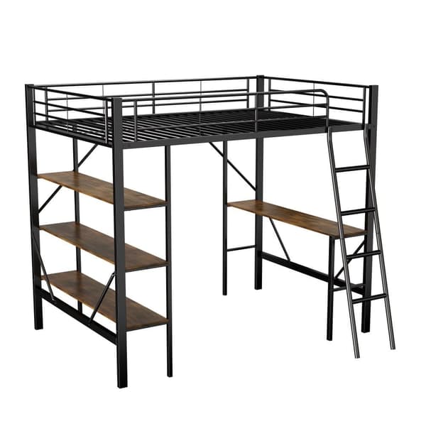 Mezzanine-rautasänky - 90x200cm - kirjoituspöydällä ja 3 hyllyllä - musta