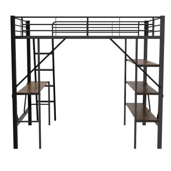 Mezzanine-rautasänky - 90x200cm - kirjoituspöydällä ja 3 hyllyllä - musta