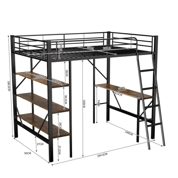 Mezzanine-rautasänky - 90x200cm - kirjoituspöydällä ja 3 hyllyllä - musta