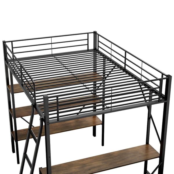 Mezzanine-rautasänky - 90x200cm - kirjoituspöydällä ja 3 hyllyllä - musta