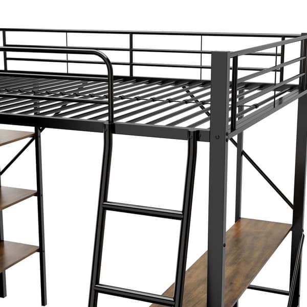 Mezzanine-rautasänky - 90x200cm - kirjoituspöydällä ja 3 hyllyllä - musta