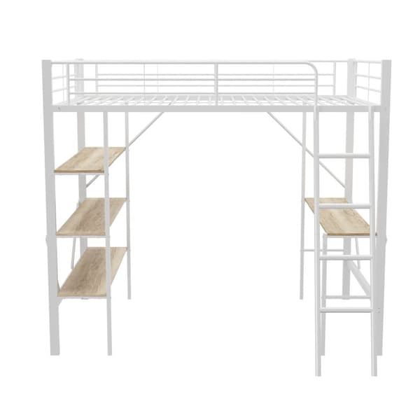 Mezzanine järnsäng - 90x200cm - med skrivbord och 3 hyllor - Vit