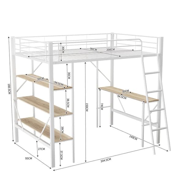 Mezzanine järnsäng - 90x200cm - med skrivbord och 3 hyllor - Vit