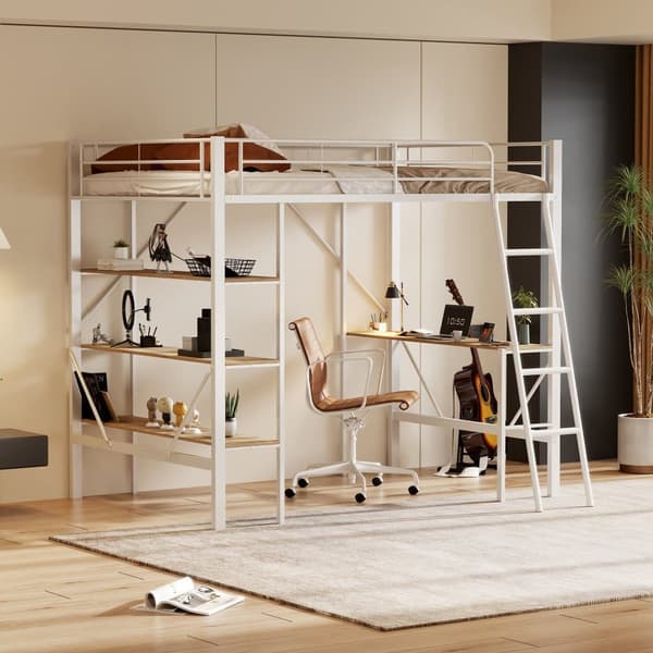 Mezzanine järnsäng - 90x200cm - med skrivbord och 3 hyllor - Vit