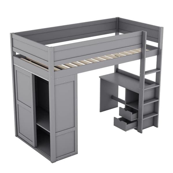 Mezzanin Seng 90x200cm - Multifunktionel Tremmeseng - Med Garderobe & Skrivebord - Massivt Fyrretræ - Grå