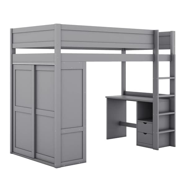 Mezzanin Seng 90x200cm - Multifunktionel Tremmeseng - Med Garderobe & Skrivebord - Massivt Fyrretræ - Grå