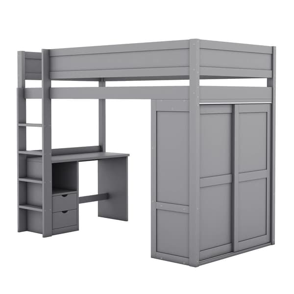 Mezzanin Seng 90x200cm - Multifunktionel Tremmeseng - Med Garderobe & Skrivebord - Massivt Fyrretræ - Grå