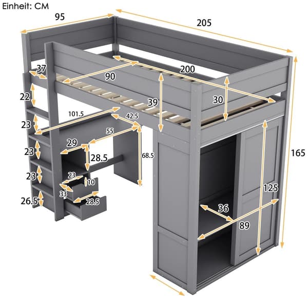 Mezzanin Seng 90x200cm - Multifunktionel Tremmeseng - Med Garderobe & Skrivebord - Massivt Fyrretræ - Grå
