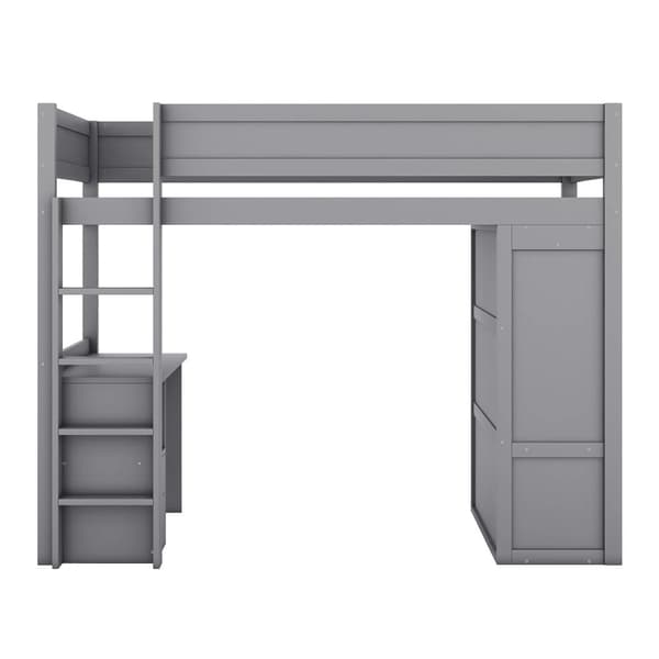 Mezzanin Seng 90x200cm - Multifunktionel Tremmeseng - Med Garderobe & Skrivebord - Massivt Fyrretræ - Grå