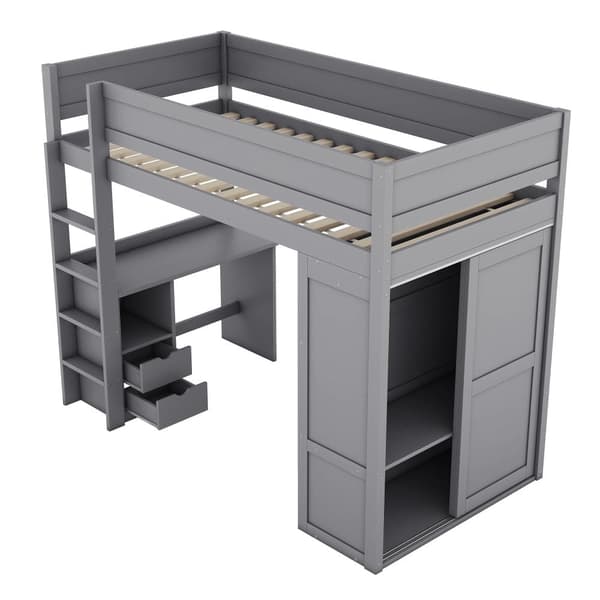 Mezzanin Seng 90x200cm - Multifunktionel Tremmeseng - Med Garderobe & Skrivebord - Massivt Fyrretræ - Grå