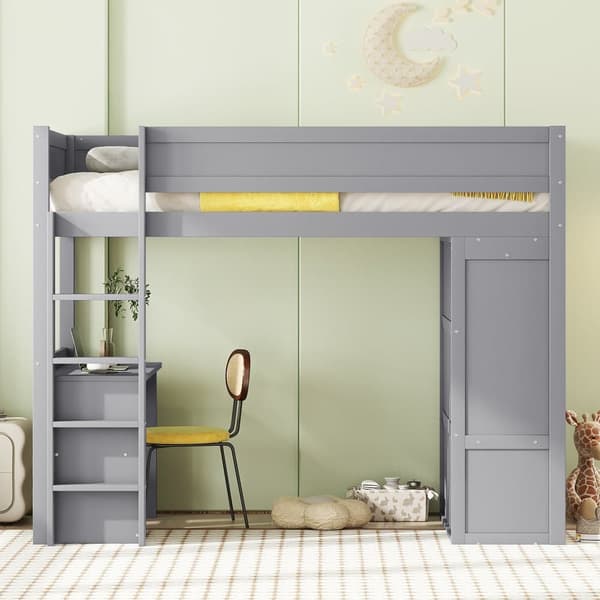 Mezzanin Seng 90x200cm - Multifunktionel Tremmeseng - Med Garderobe & Skrivebord - Massivt Fyrretræ - Grå