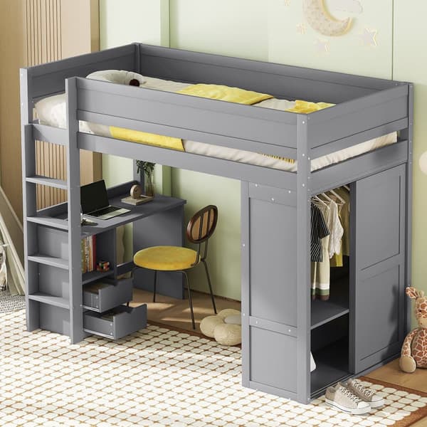Mezzanin Seng 90x200cm - Multifunktionel Tremmeseng - Med Garderobe & Skrivebord - Massivt Fyrretræ - Grå