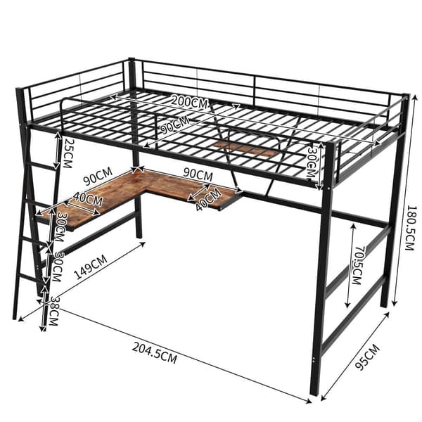 Mezzanin jernseng - 90x200cm - med hjørneskrivebord og hylde - Sort
