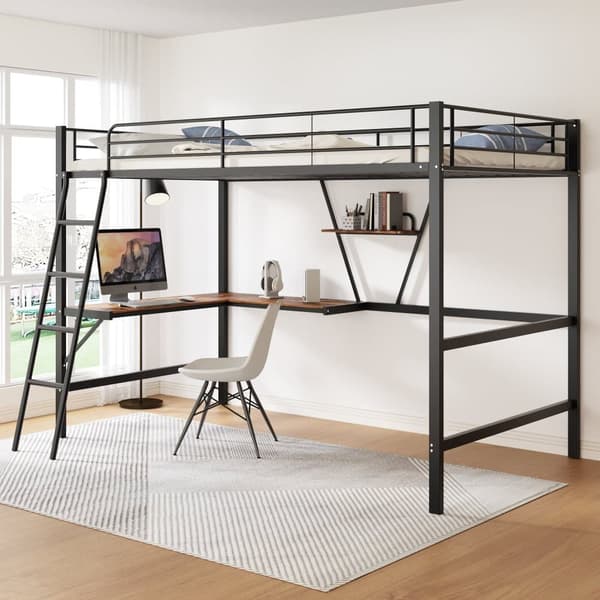 Mezzanin jernseng - 90x200cm - med hjørneskrivebord og hylde - Sort