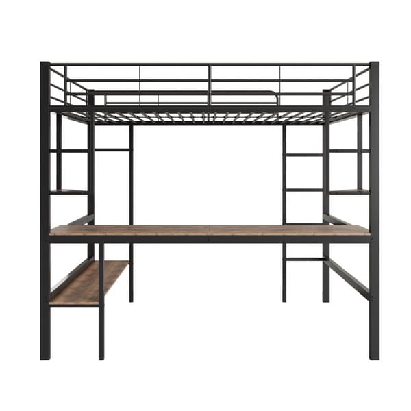 Mezzanine-rautasänky - 90x200cm - kirjoituspöydällä ja 5 hyllyllä - musta