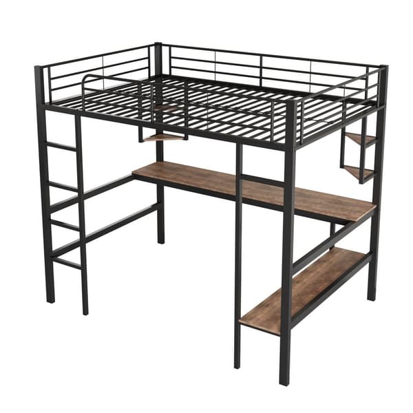 Mezzanine-rautasänky - 90x200cm - kirjoituspöydällä ja 5 hyllyllä - musta