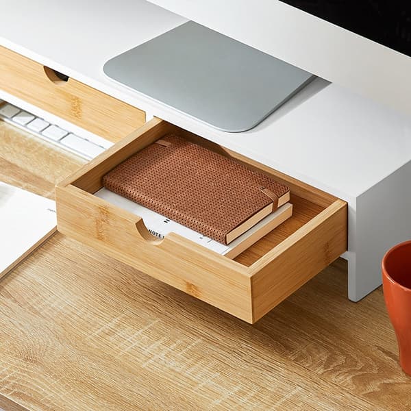 Rootz-näyttötelineen nostolaite - Tietokoneteline - Pöytäjärjestäjä - MDF-materiaali - 47 cm x 11 cm x 18 cm - Täydellinen korkeus - Tilaa säästävä