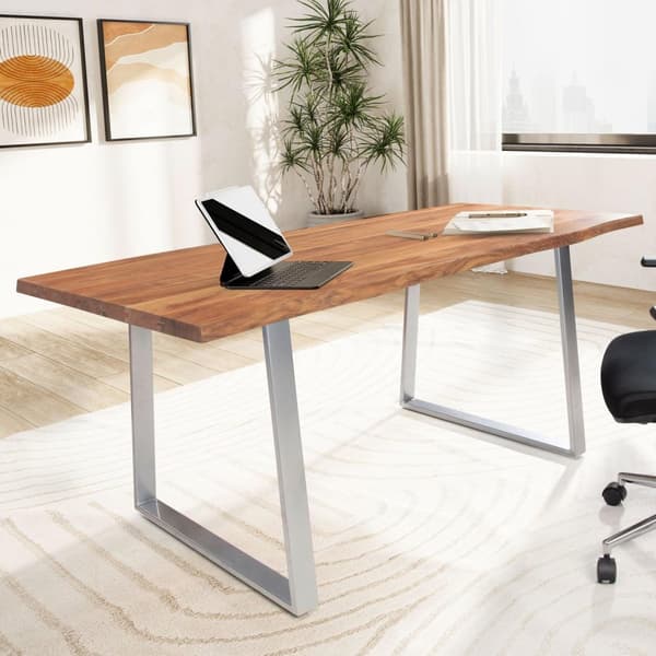 Rootz Kontorbord - Skrivebord i massivt træ - Moderne Design - Udtryksfulde trækanter - Naturligt trækorn - Trapezformede metalben - 200 cm x 100 cm x