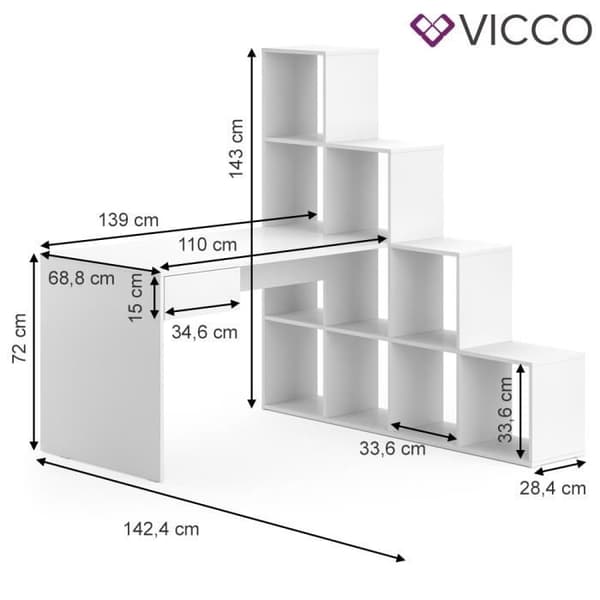 Vicco Sarah skrivbord, hörn skrivbord, dator skrivbord, trappstegshylla, rumsavdelare